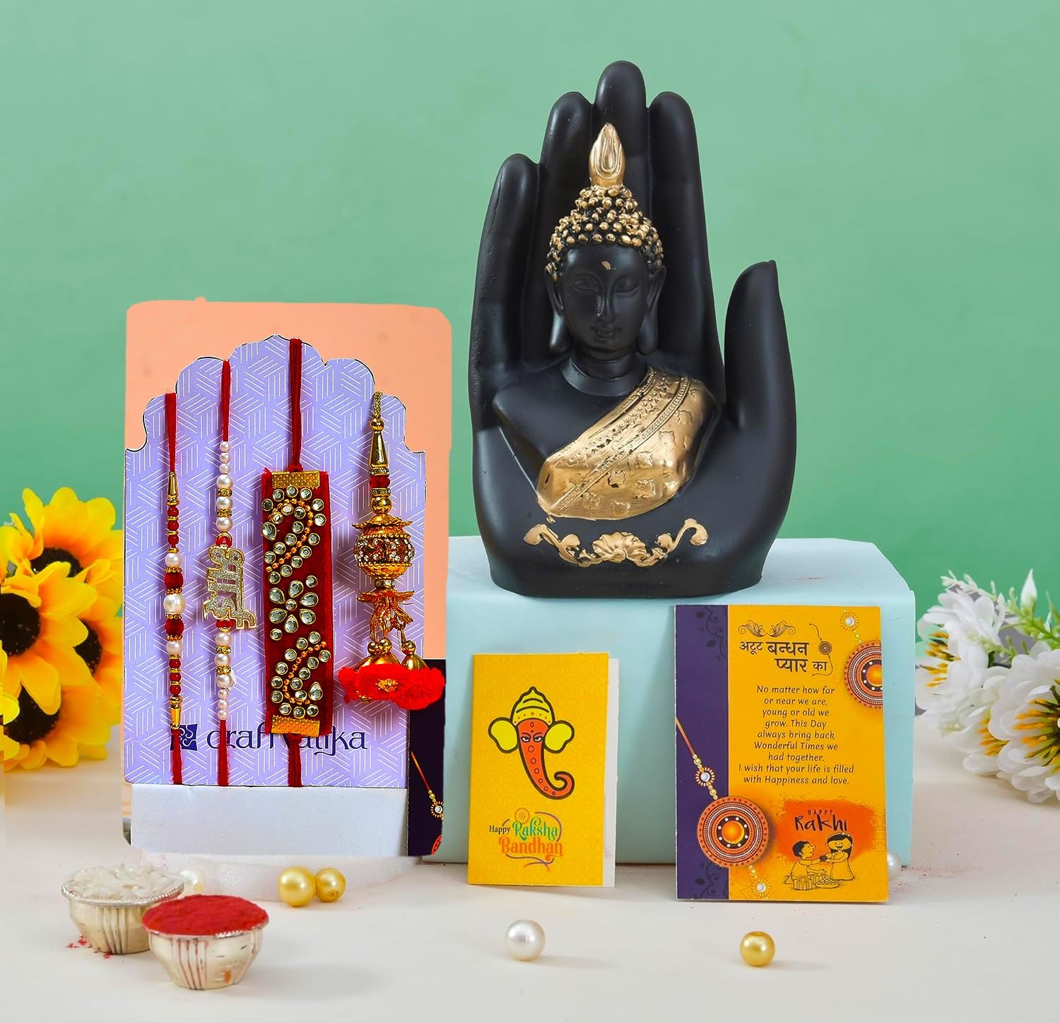 Collectible India Combo Rakhi Gift for Brother and Bhabhi Kids with Gift Set, Palm Buddha Showpiece Rakshabandhan Gifts for Men Women Girls Bhai Rakhi with Palm Buddha Home Decoration Items