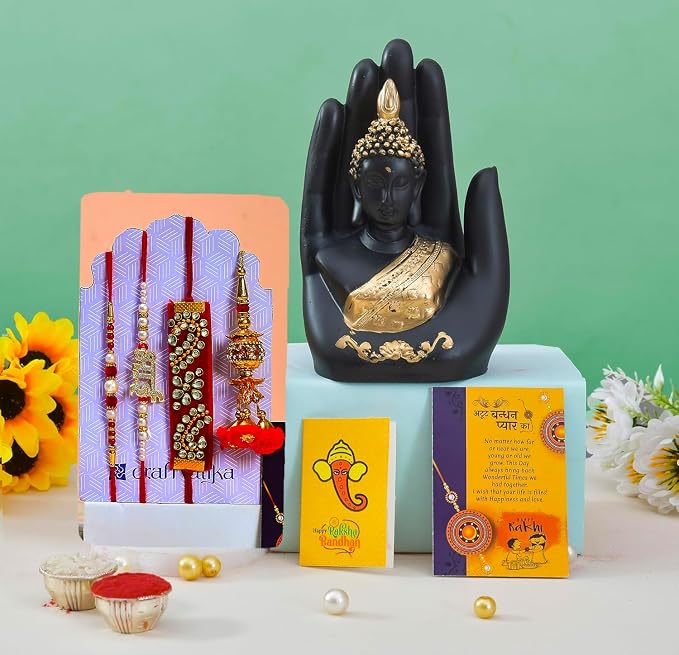 Collectible India Combo Rakhi Gift for Brother and Bhabhi Kids with Gift Set, Palm Buddha Showpiece Rakshabandhan Gifts for Men Women Girls Bhai Rakhi with Palm Buddha Home Decoration Items