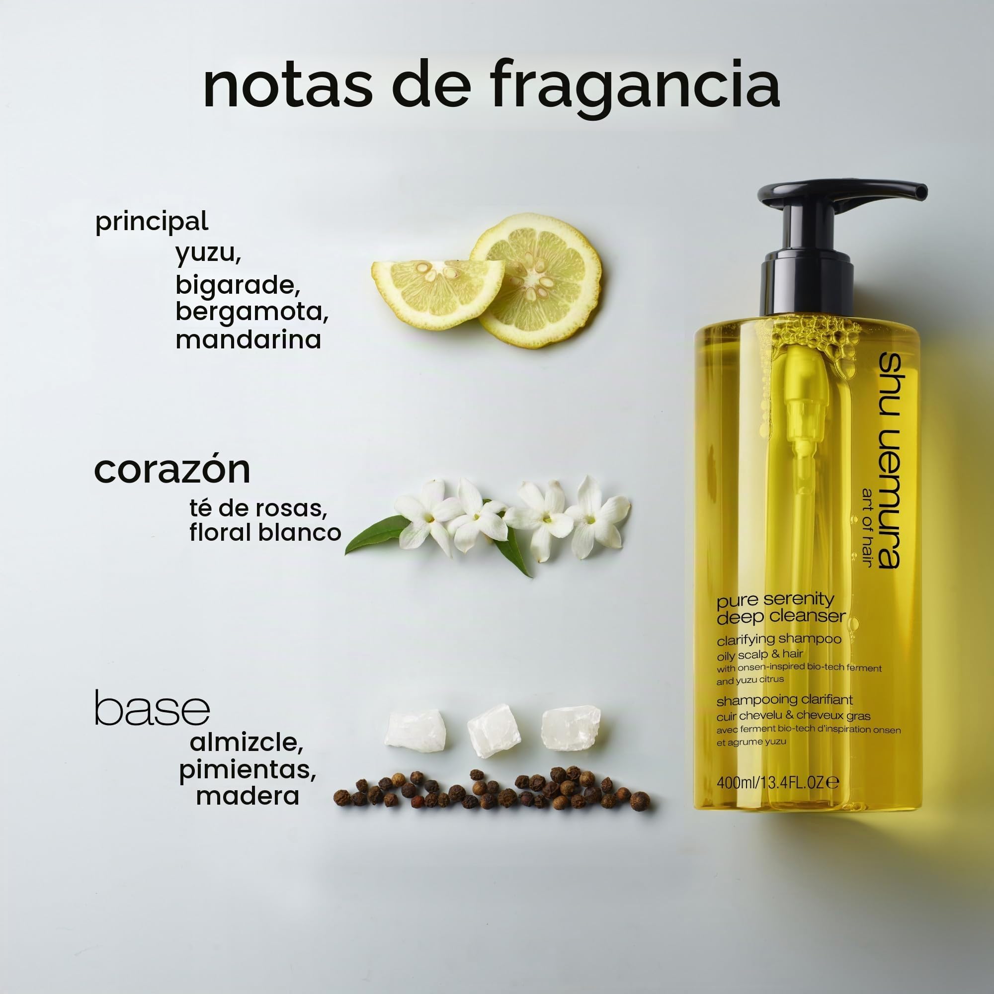 Shu Uemura, Champú clarificante Pure Serenity, Cuero cabelludo y cabello graso, enriquecido con fermentos biotecnológicos inspirados en onsen y cítricos yuzu, para un cabello suave y brillante, 400 ml