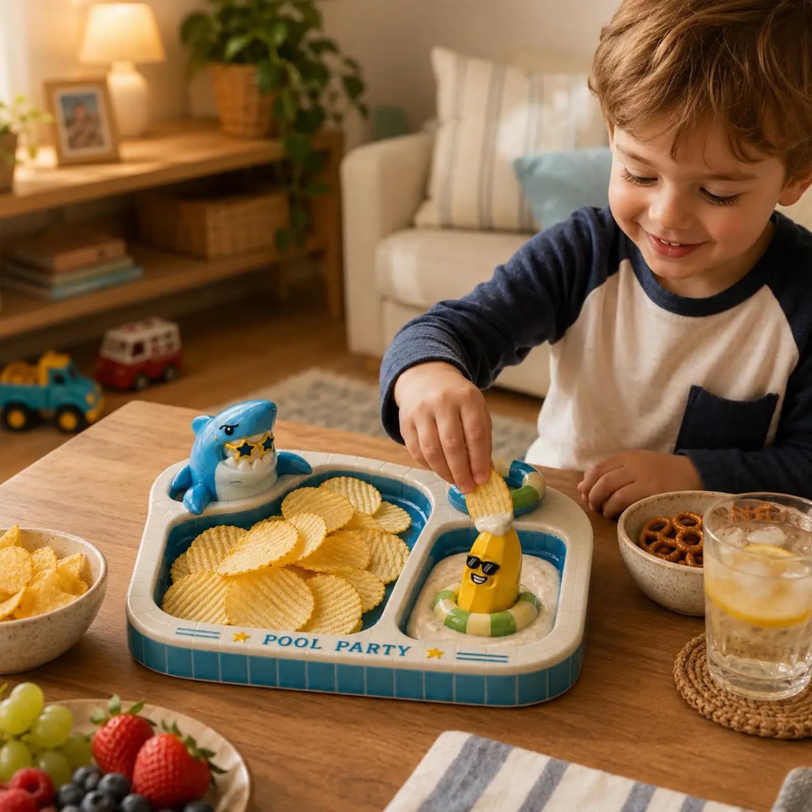 Generico Vassoio per patatine e salse per feste in piscina con squalo e banana, divertente piatto da portata per snack in ceramica con ciotola per salse, per decorazioni per riunioni estive (1pcs)