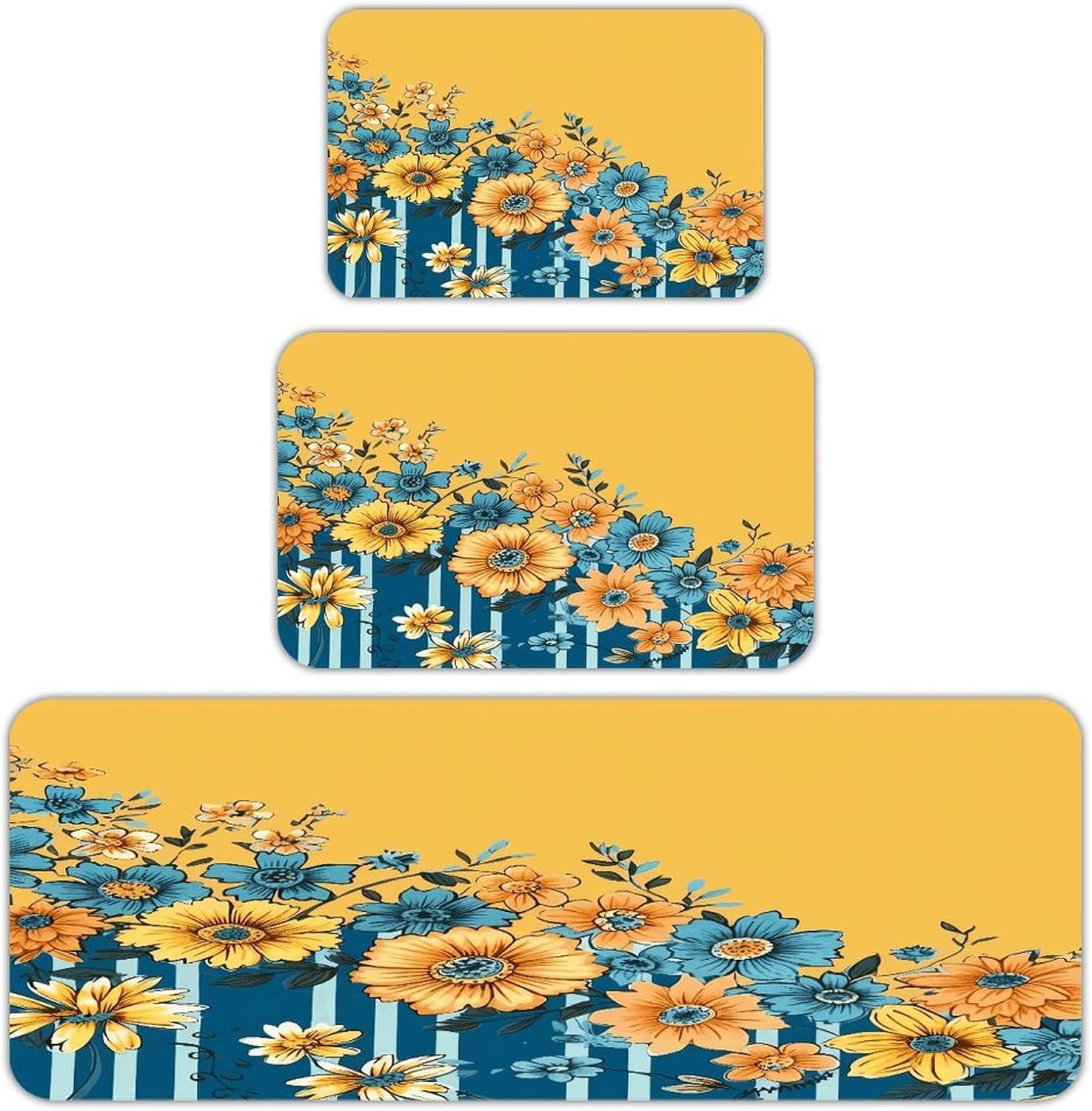 Yellow and Blue Floral Kitchen Rugs Set of 3 Non Slip Washable Kitchen Mats for Floor Soft Area Rug Kitchen Floor Mat Cushioned Anti Fatigue Mats Standing Sink Mat Decor Runner Rugs