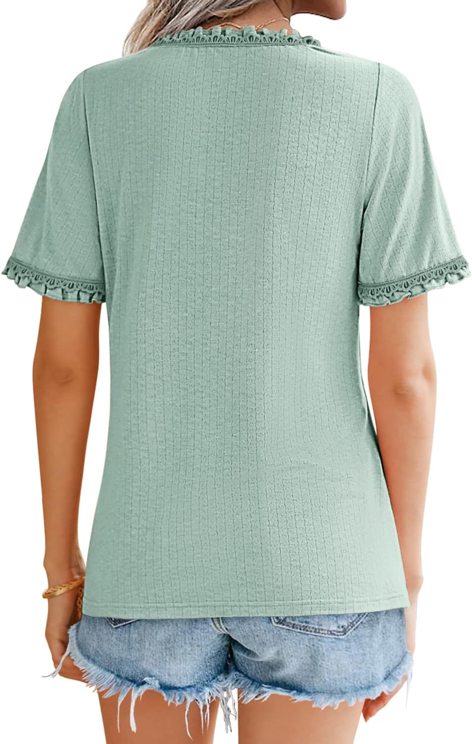 MIHOLL Women's Ruffle V Neck Tops Casual Short Sleeve Tee Cute T-Shirt - Image 6