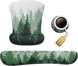 4 in1 Keyboard Mouse Pad Set, Wrist Rest Support Ergonomic Gel Mouse Pad & Memory Foam Keyboard Set Non-Slip Rubber PU Base Easy Typing and Relieve Wrist Pain Mouse Mat for Office -Green Forest
