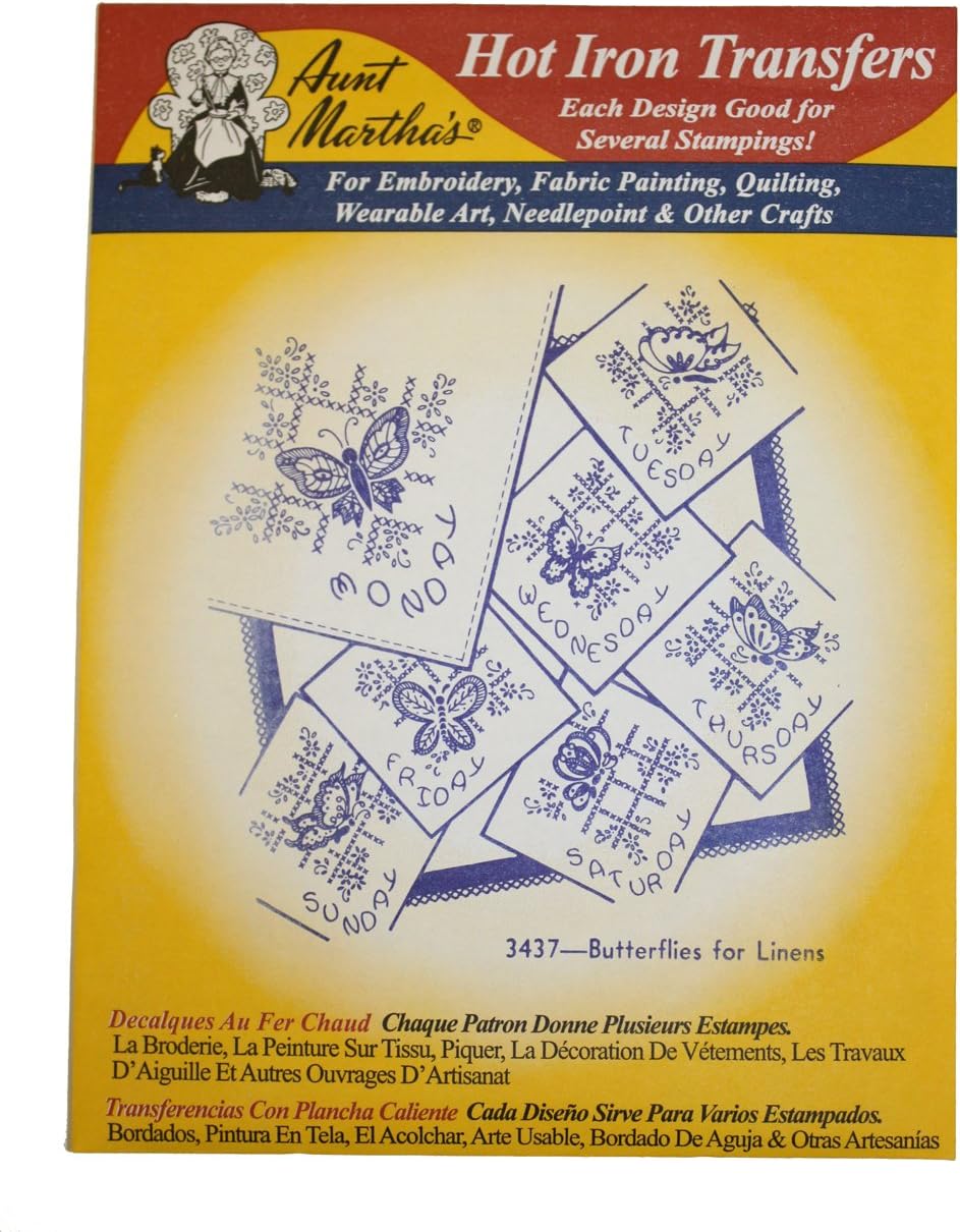 Aunt Martha's Iron On Transfer Patterns for Stitching, Embroidery or Fabric Painting, Days of the Week Patterns, Set of 5