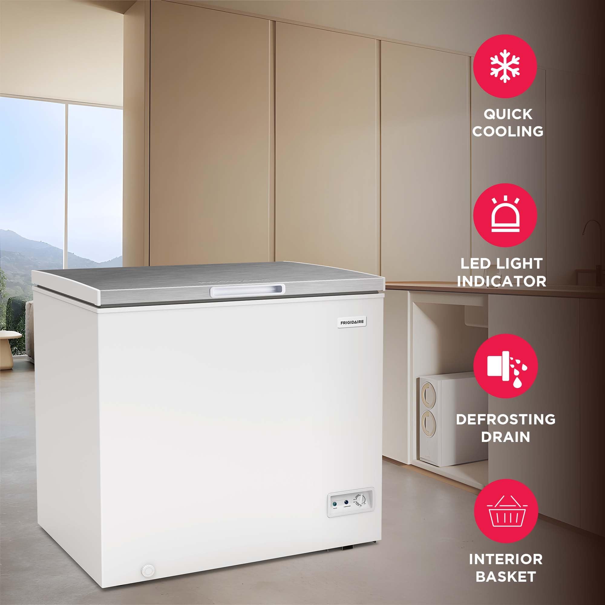 Frigidaire Chest Deep Freezer, 7 Cu. Ft. Capacity, Shiny Stainless Steel Top Lid Design-Adjustable Thermostat-Removable Vinyl Coated Wire Basket-Easy Defrost Drain- Garage Ready on Fridge.com