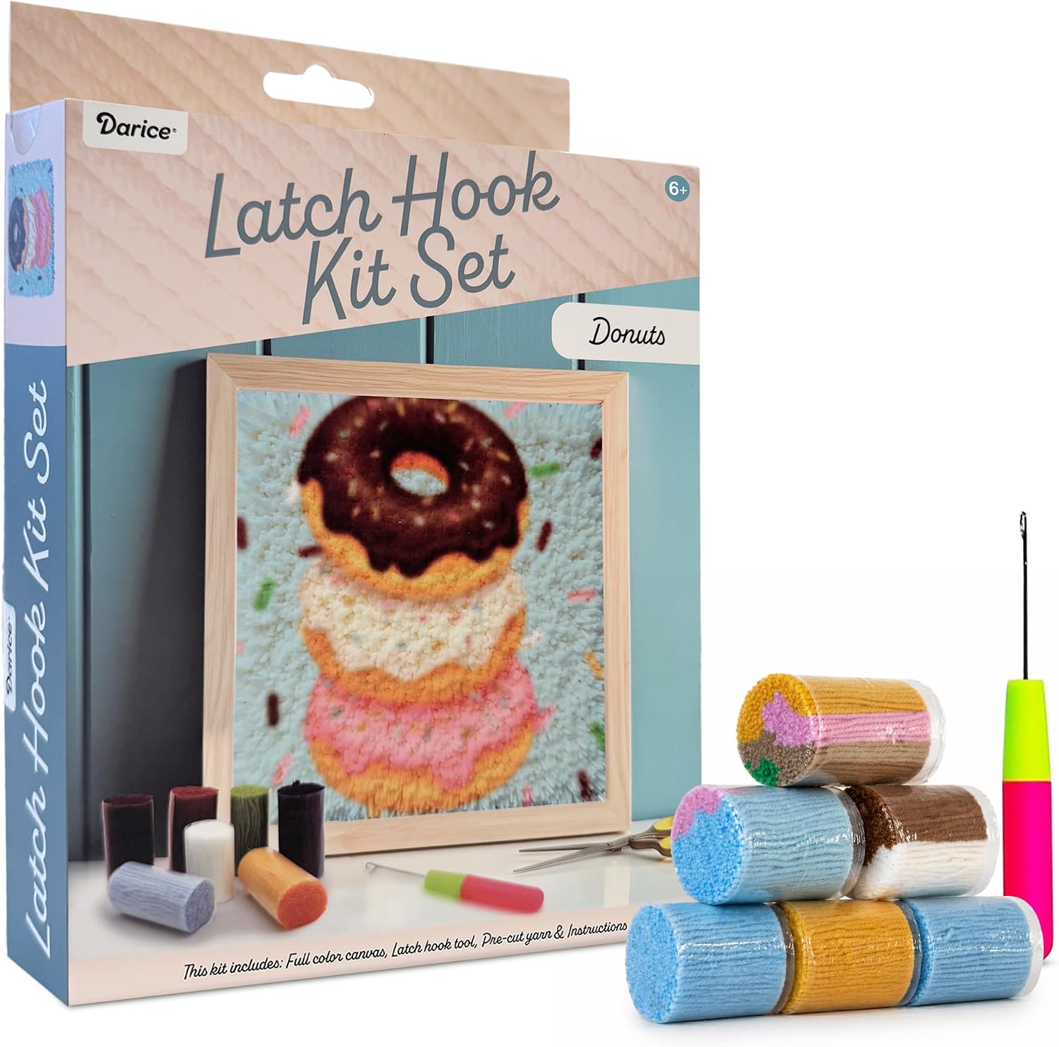 Darice Latch Hook Rug Kit, Donuts Design DIY Latch Hook Kit for Kids & Adults, Color Canvas, PreCut Yarn & Hook Tool, Craft Activity & Gift for Kids