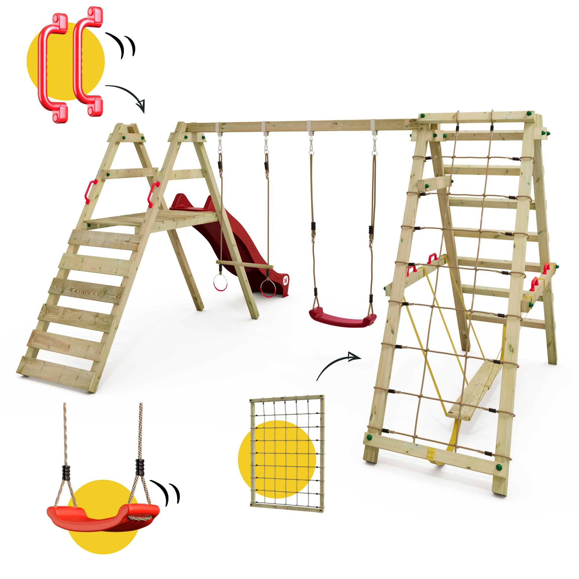 WICKEY Kinderschaukel Schaukelgestell Smart Shake mit Roter Rutsche und Kletteranbau, Schaukel, Schaukelgerüst, Doppelschaukel, Holzschaukel für den Garten