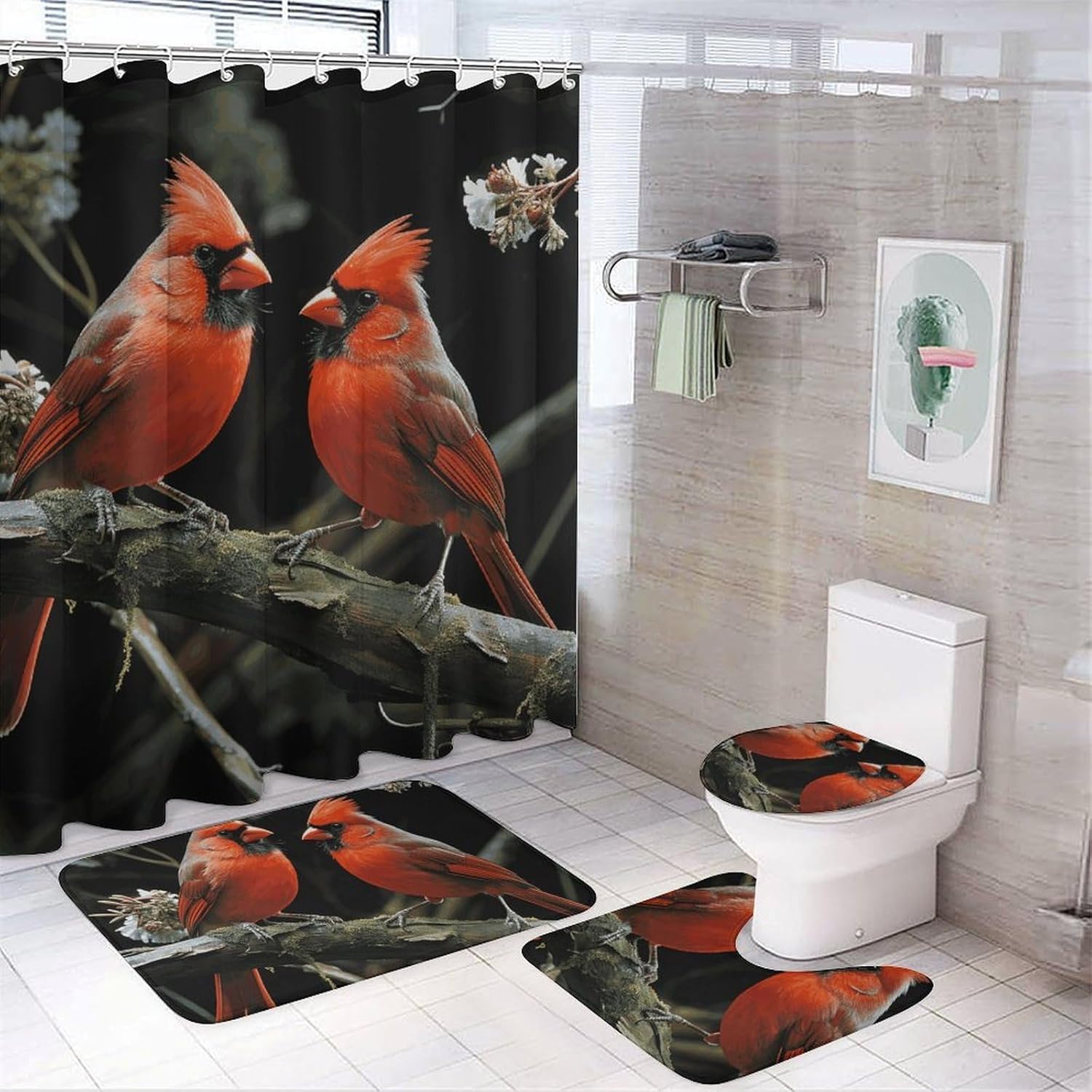 Cardinals Birds Fauna Wild Shower Curtains Set 4 Piece with Non-Slip Rugs, Toilet Lid Cover and Bath Mat Soft Bathroom Carpet Waterproof Bathroom Curtain with 12 Hooks for Bathroom Decor