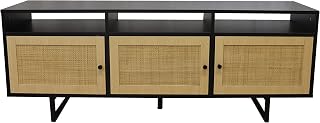 House & Homestyle Black & Rattan Style TV Storage Stand Cabinet Entertainment Unit for Living Room Lounge, 140cm