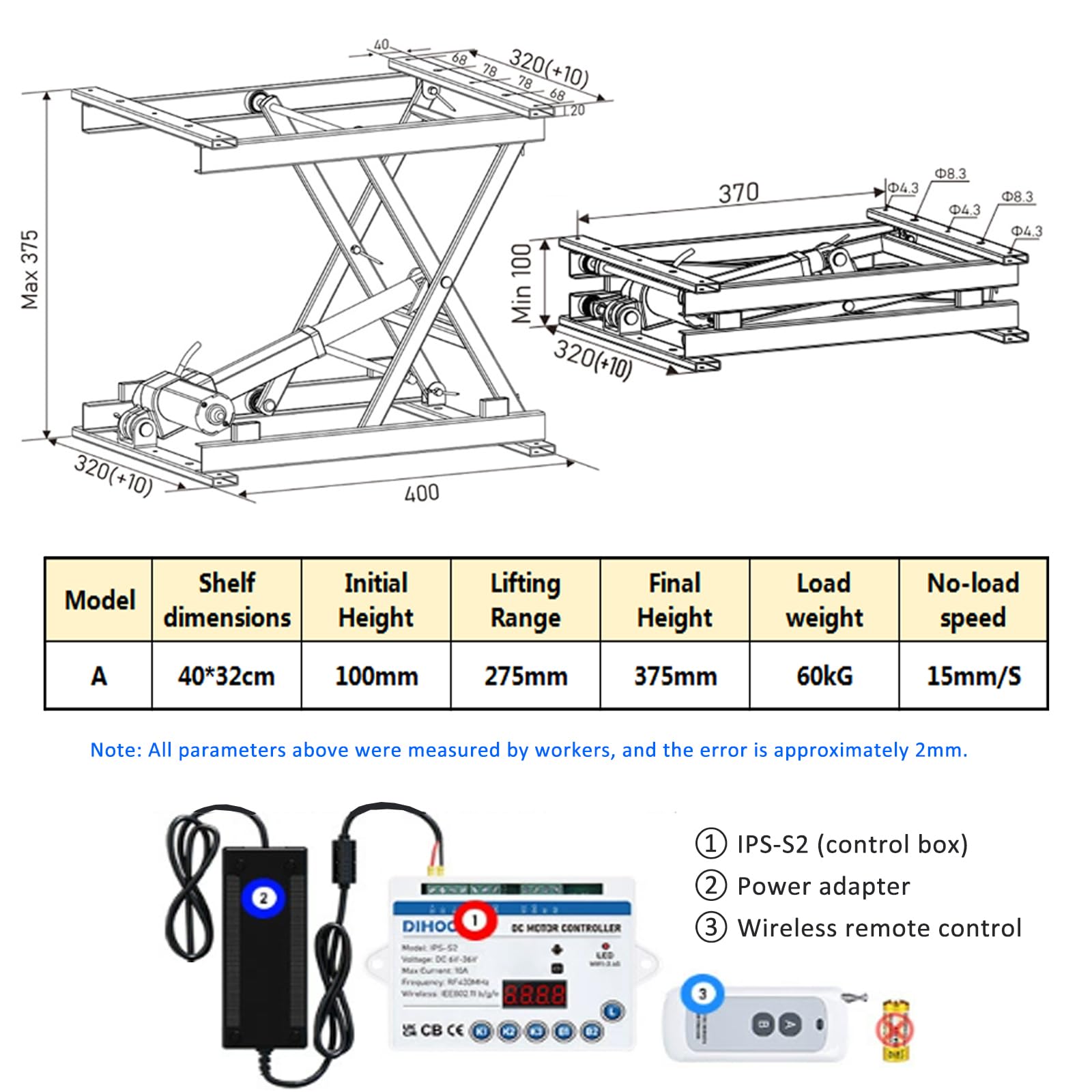 Lève-ciseaux électrique, très résistant, hauteur réglable de 375 à 680 mm, roues omnidirectionnelles, télécommande, capacité de charge de 60 à 200 kg
