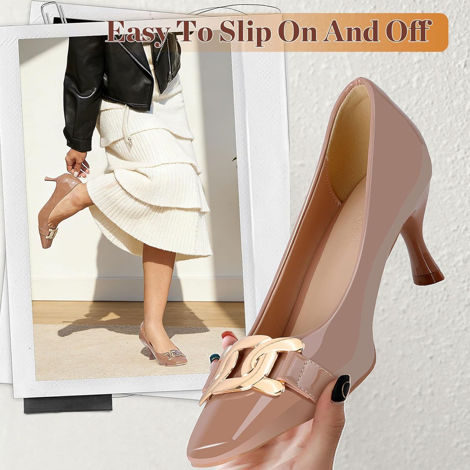 Zelaprox Women's Closed Square Toe Pumps,Low Kitten Heel Pumps Fashion Metal Slip On Stiletto Wedding Party Comfortable Dress Pump Shoes