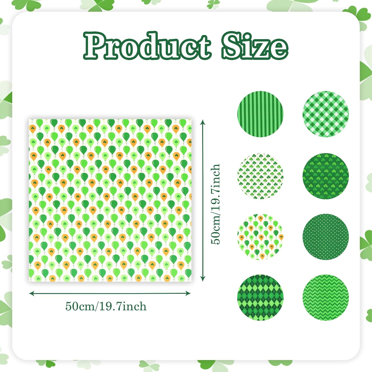 Green Fabric Squares 20x20 inch, 8Pcs St. Patrick's Day Shamrock Dot Stripe Fat Quarters Bundle White Green Irish Sewing Fabric for Sewing Quilting Patchwork Crafting Home Décor Handwork