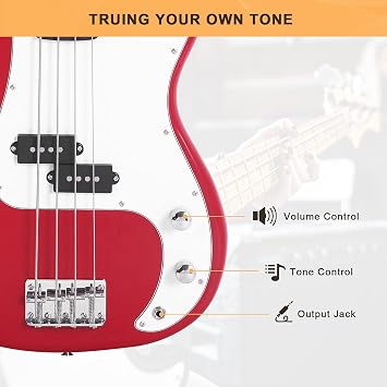 Glarry Electric Bass Guitar Full Size 4 String Rosewood Basswood Fire Style Exquisite Burning Bass (Red)