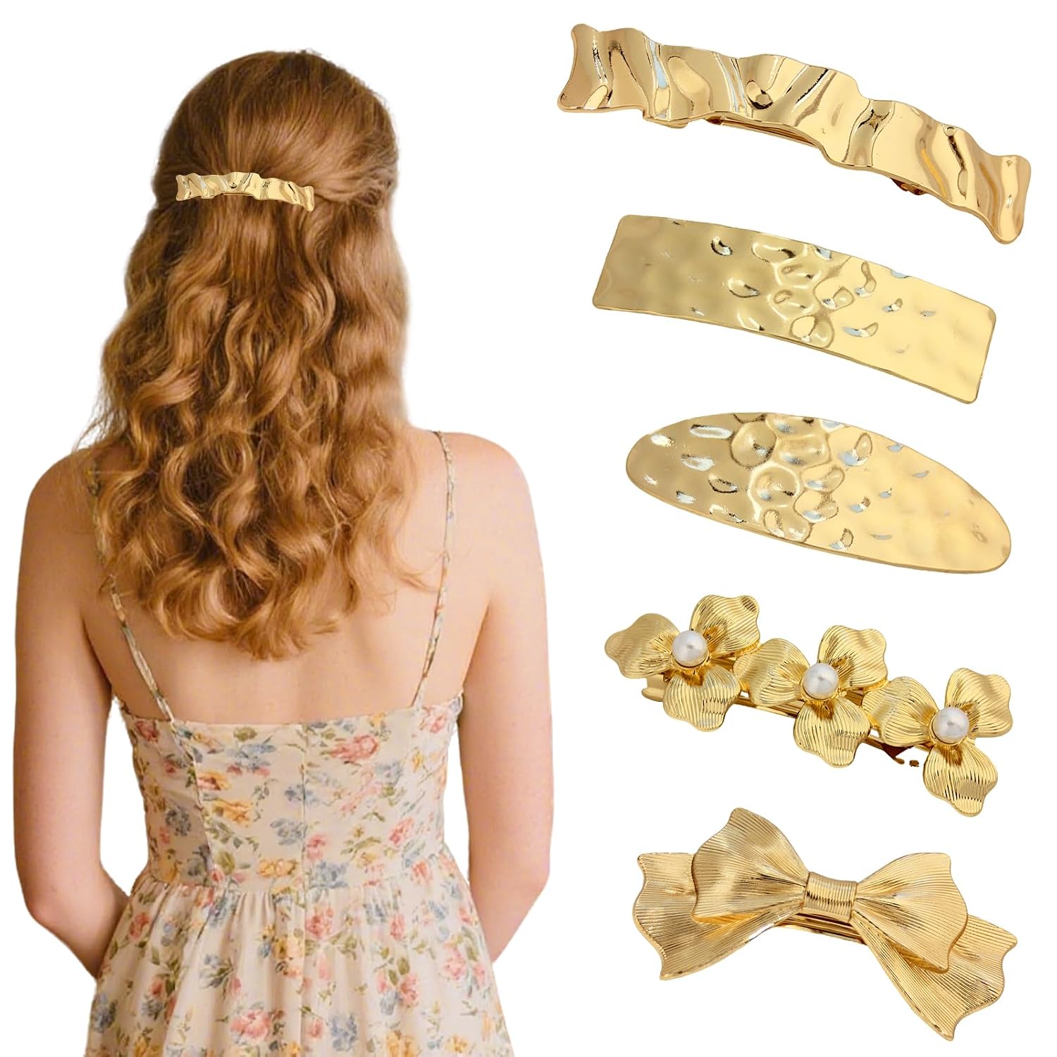 5 Pcs Hair Barrettes for Women,Barrettes for Fine Thin Thick Hair,Metal Relief pattern Vintage French Barrette Clips Hair Accessories for Women & Girls(Gold) US328 (Gold Relief pattern)