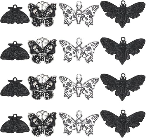 SUNNYCLUE 1 caja de 24 piezas de 4 estilos de dijes de mariposa para polilla, dije gótico a granel, calavera negra, mariposas, esqueleto, Halloween,