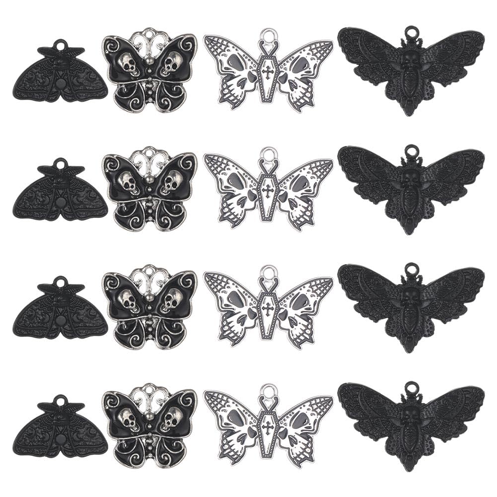 Breloque papillon crâne noir SUNNYCLUE en alliage pour création de bijoux Halloween, 24pcs