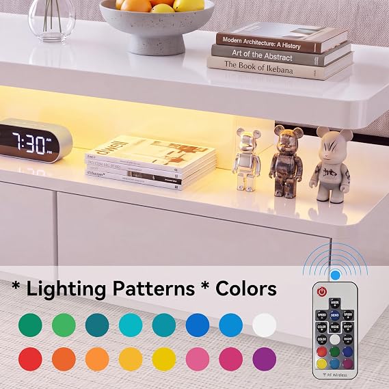 MXV 40 LED Coffee Table, Modern High Gloss Living Room Table with 60,000 Rich Colors & 47 Lighting Modes, 2 Large Drawers & Open Storage Shelf, Smart Remote Control Center Table, White