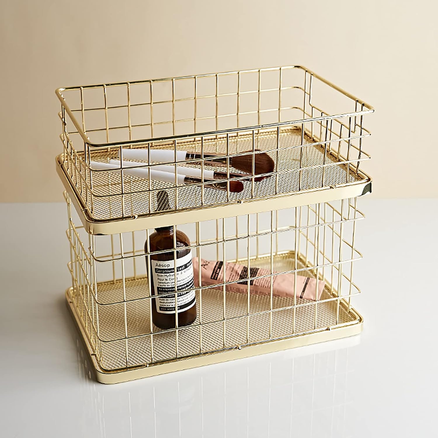 Set of 2 Stackable 10" Metal Wire Storage Basket Bins With Handles (Gold Woven Mesh Base)