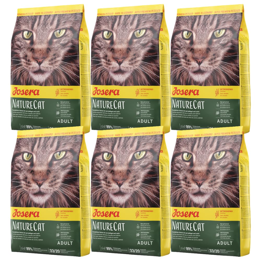 Josera NatureCat complete food | For adult cats & older kittens | Grain-free | Chicken & Salmon | Anti-Hairball | Herbs & Fruits | Urinary pH | 6x2kg