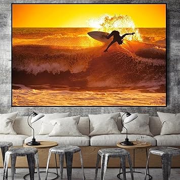 Amazon モダンファッションポスターサーフィン女性キャンバスプリントリビングルームの夕日の海景絵画壁アート家の装飾アートワーク80x125cm 31 5x49 2in 内枠 ウォールステッカー オンライン通販