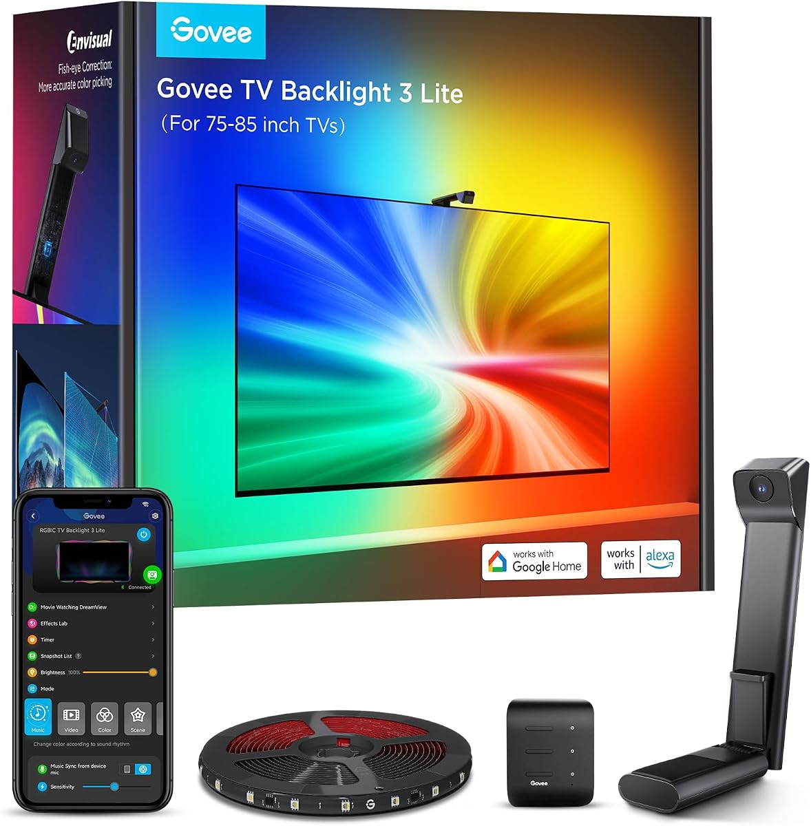 Govee TV Hintergrundbeleuchtung 3 Lite mit Fish-Eye Korrektur Funktion, Sync für 75-85 Zoll TVs, 5M RGBICW WiFi TV LED Strip mit Kamera, 4 Farben in 1 Lampenperle, Sprach- & APP-Steuerung