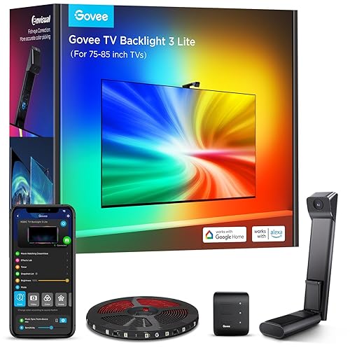 Govee TV Backlight 5m, 3 Lite with Fish-Eye Correction Function Sync to 75-85 Inch TVs, RGBICW Wi-Fi TV LED Backlight with Camera, 4 Colours in 1 Lamp Bead, Voice and APP Control, Adapter - 5M