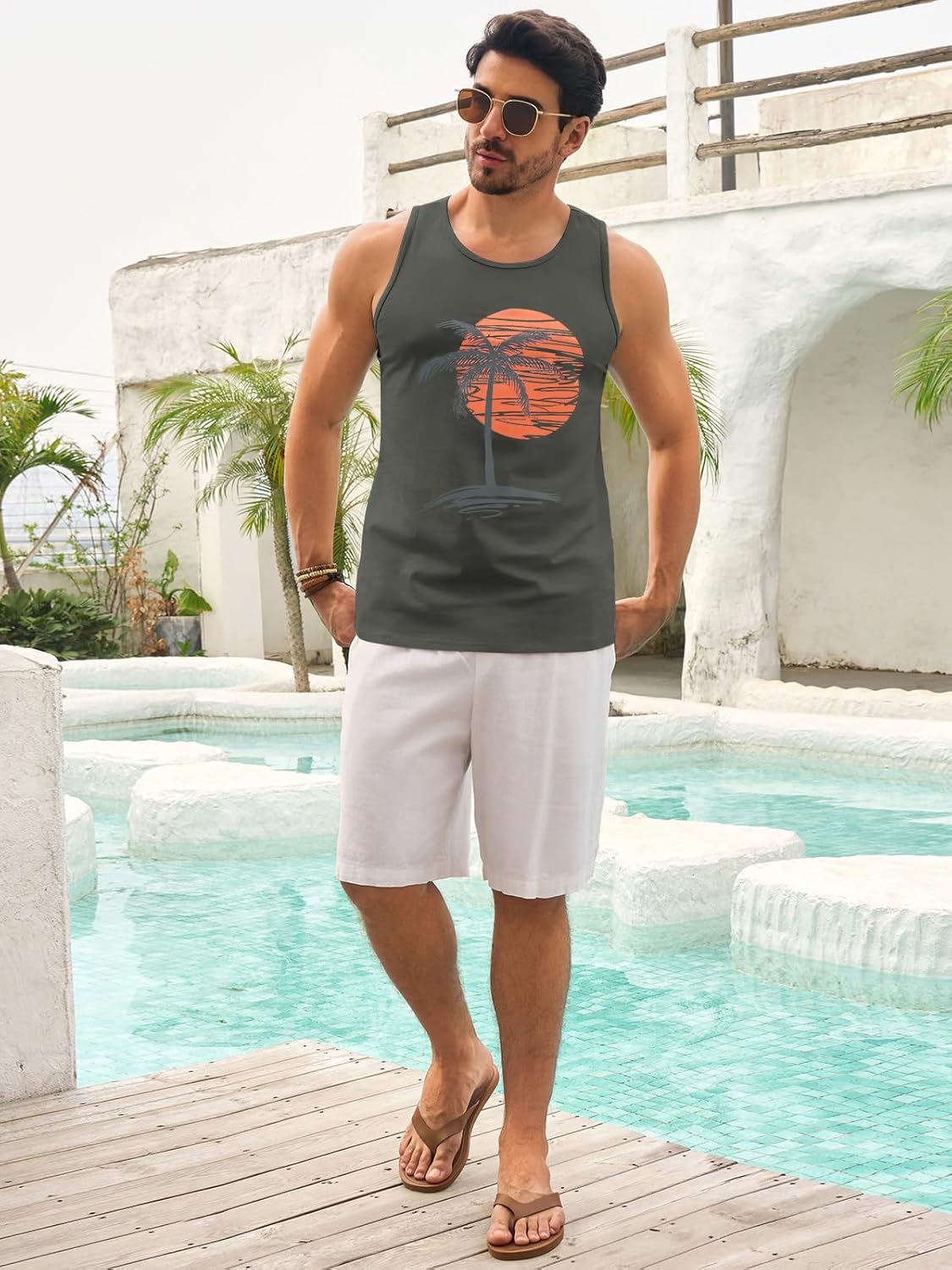 Mens Sleeveless Tank Tops Workout Gym Shirts Palm Tree Vintage Style T-Shirt - Image 4