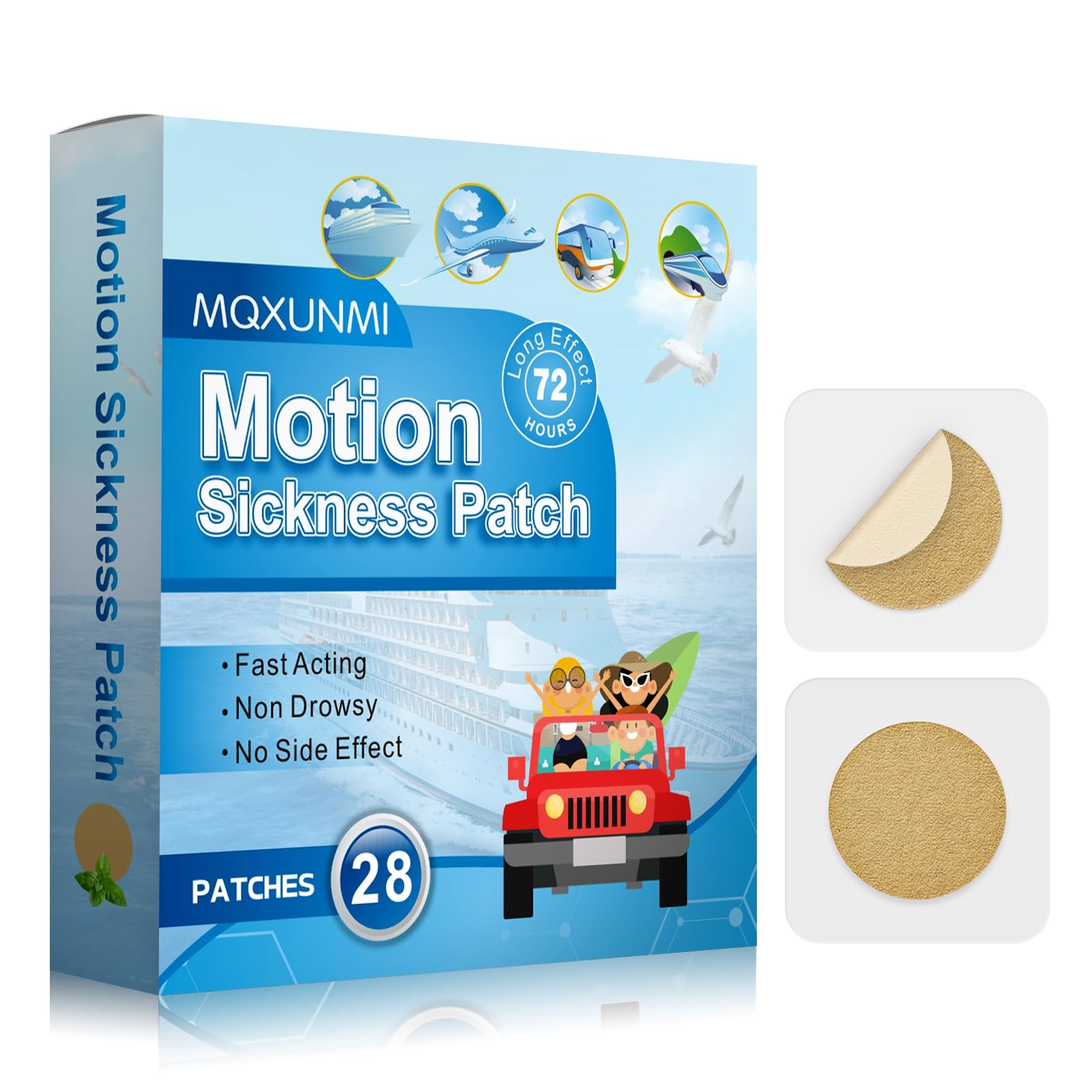 MQXUNMI 28 Stück Reisekrankheitspflaster, Seekrankheit Pflaster für Auto- und Bootsfahrten, Kreuzfahrten und Flugreisen, schnell wirkend und langlebig 72 Stunden (Cremeweiß)