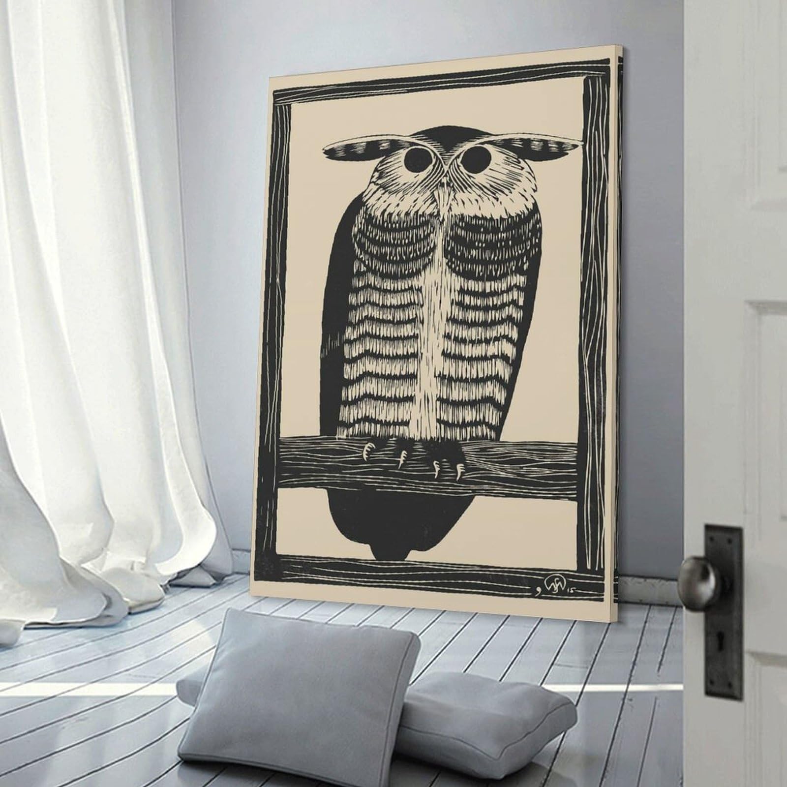 Junmoney Vintage Linocut Owl Wall Art Print 24x36inch(60x90cm), for Living Spaces, Bedrooms Or Relaxed Rooms, A Home Accent with Warm Character