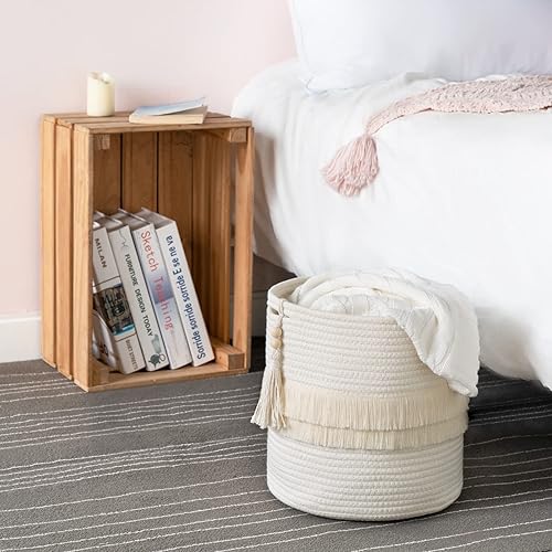 Miniatura 3 de Dahey Cesta decorativa de macramé de cuerda de algodón, decoración bohemia para guardería, pequeña y bonita borla tejida con cuentas de madera para