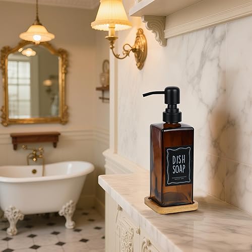 Miniatura 3 de Juego moderno de dispensador de jabón con base de bambú. Dispensador de jabón de vidrio con bomba de acero inoxidable, perfecto para decoración