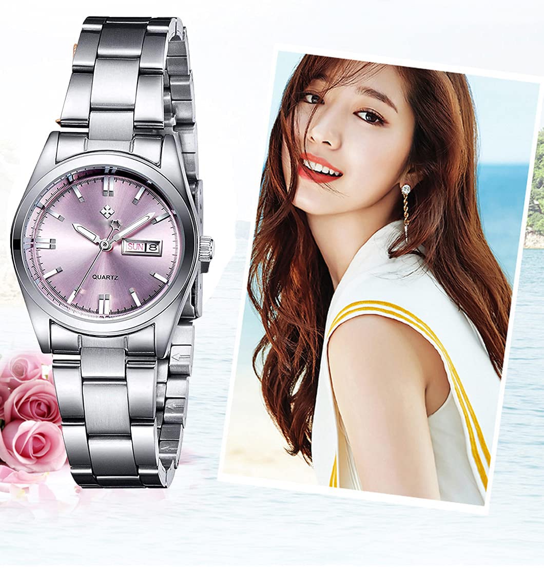 Relojes para mujer, analógico, de cuarzo plateado, de acero inoxidable, luminoso, impermeable, para mujer, Rosado, Movimiento de cuarzo 4