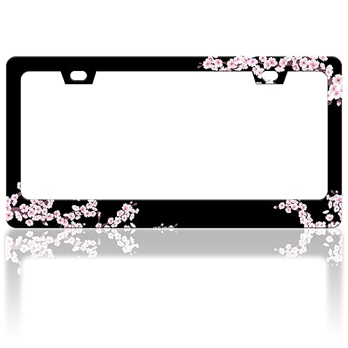 Cherry Blossoms License Plate Frame Beautiful Pink Flowers License Plate Frames Funny Auto Accessory Bracket Stainless Steel License Plate for Women Men 6x12 Inch - Herry Blossoms