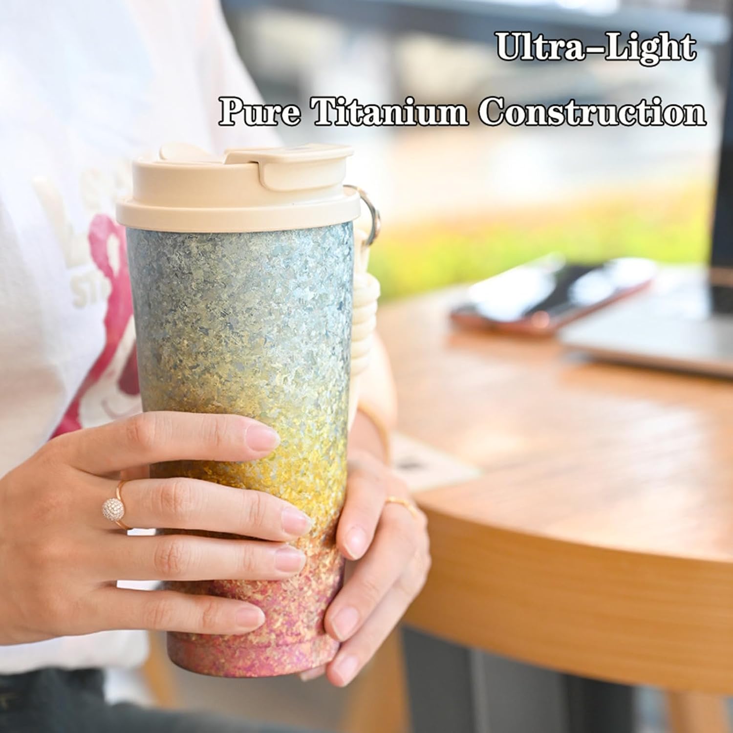 500ml Pure Titanium Double Wall Coffee Tumbler Leakproof Travel Mug for Commuters & Outdoor, Lightweight Insulated Cup with Straw Lid, Non-Slip Base No coating RT086T (Multicolor)