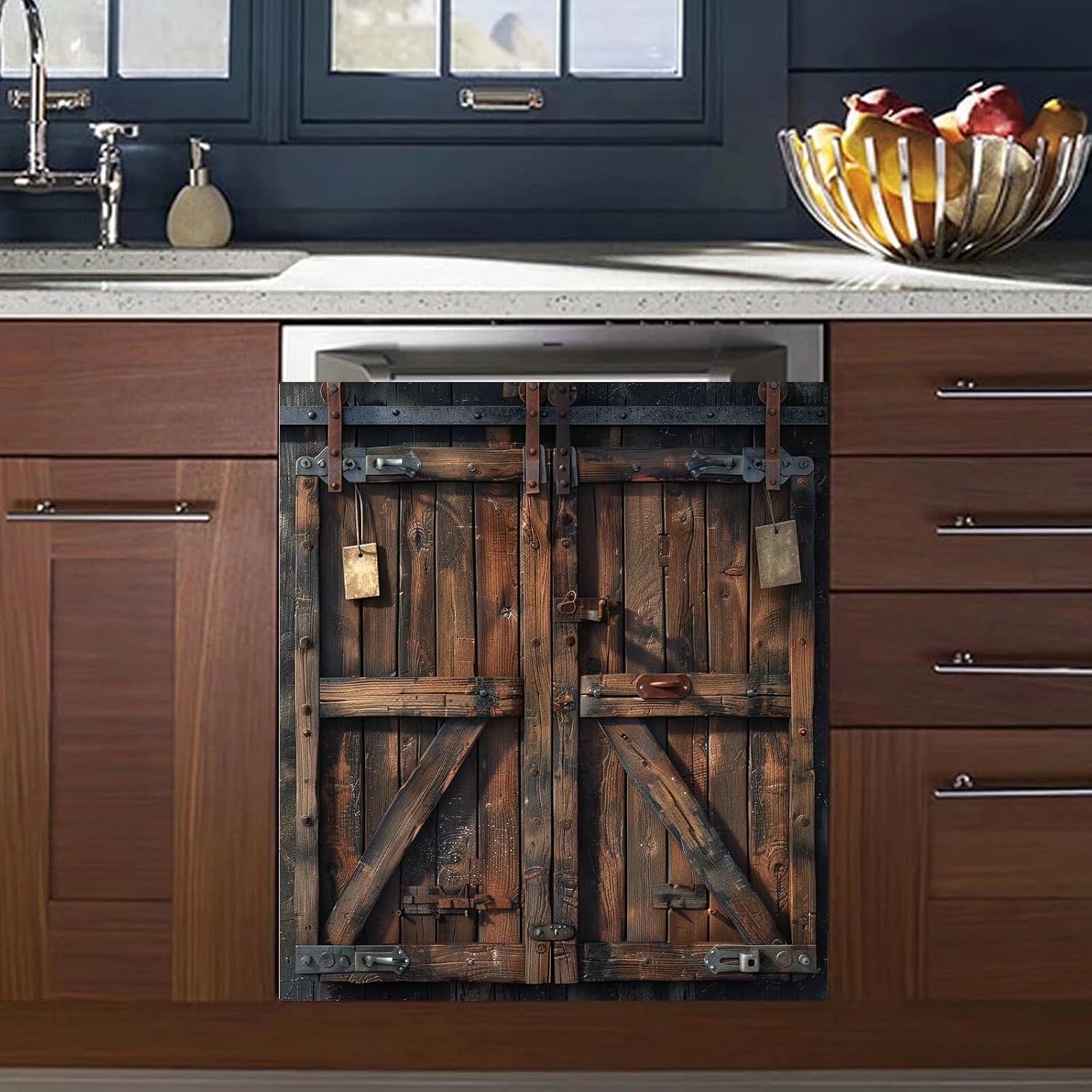Barn Wooden Door Magnet Dishwasher Cover Panel Magnetic Sticker, Vintage Wooden Door Magnetic Skin Cover for Dishwasher Refrigerator Cabinets (23" x 26" Magnetic)