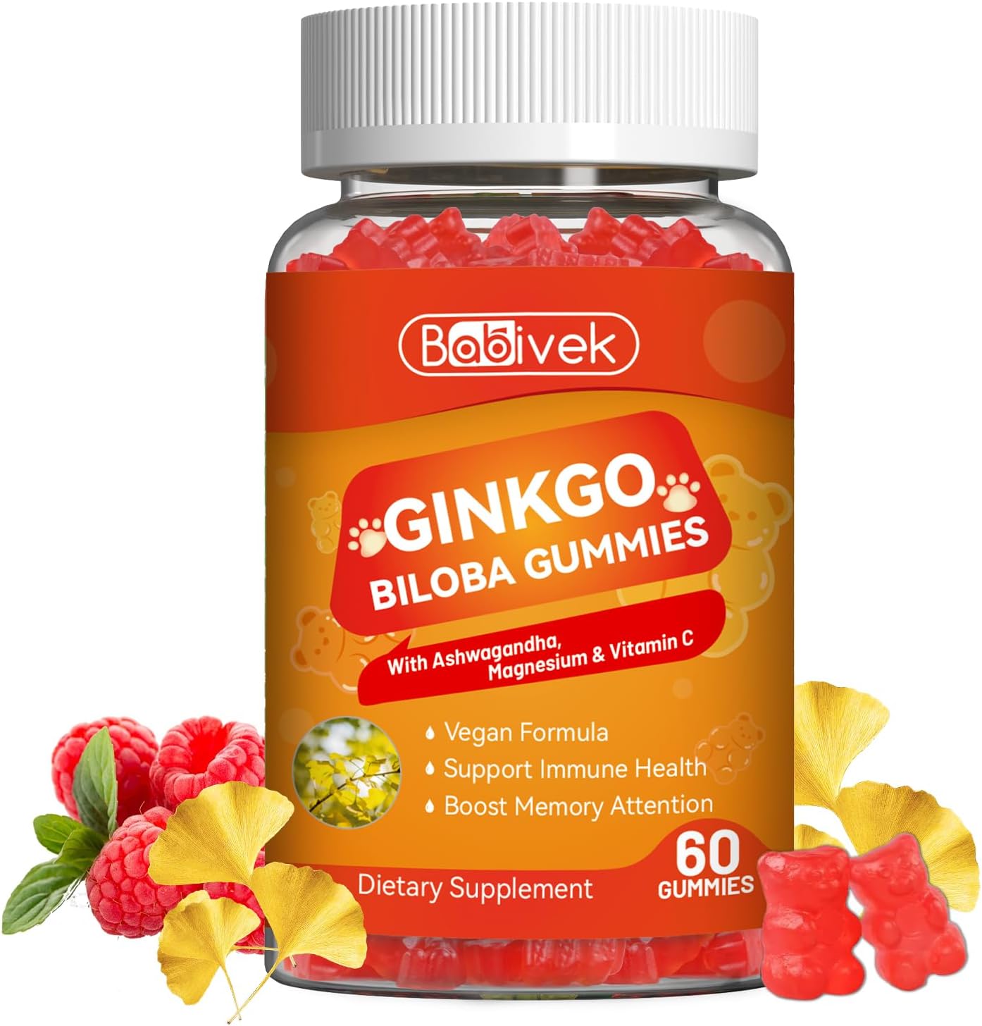 Ginkgo Biloba Gummies with Ashwagandha, Vitamin C & Magnesium - Vegan, Non-GMO, Gluten-Free - Raspberry Flavor, 60 Count