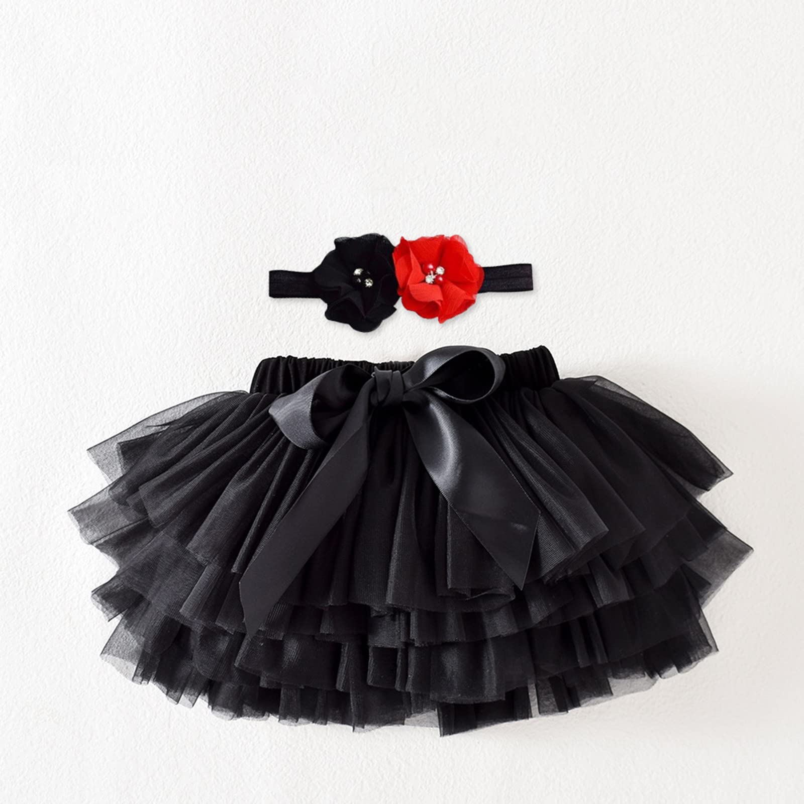 Baby Girl Mesh Tutu Skirt Newborn Infant Layered Tulle Skirt with Headwear Birthday Carnival Party (Black, 0-6 Months)