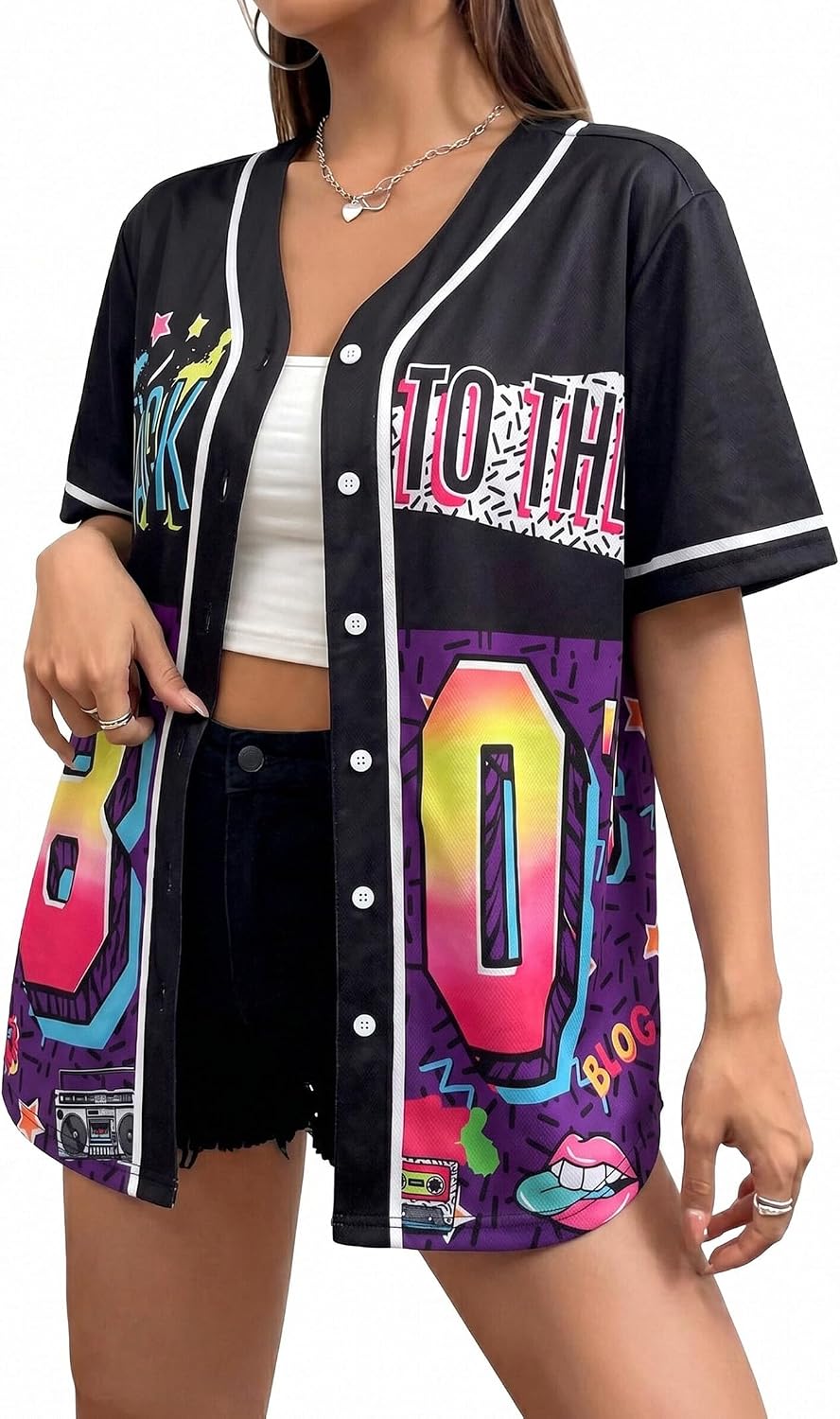 80s 90s Baseball Jersey for Women Hip Hop Custom Outfit for Party Back to The 80s 90s Retro Button Down Shirts