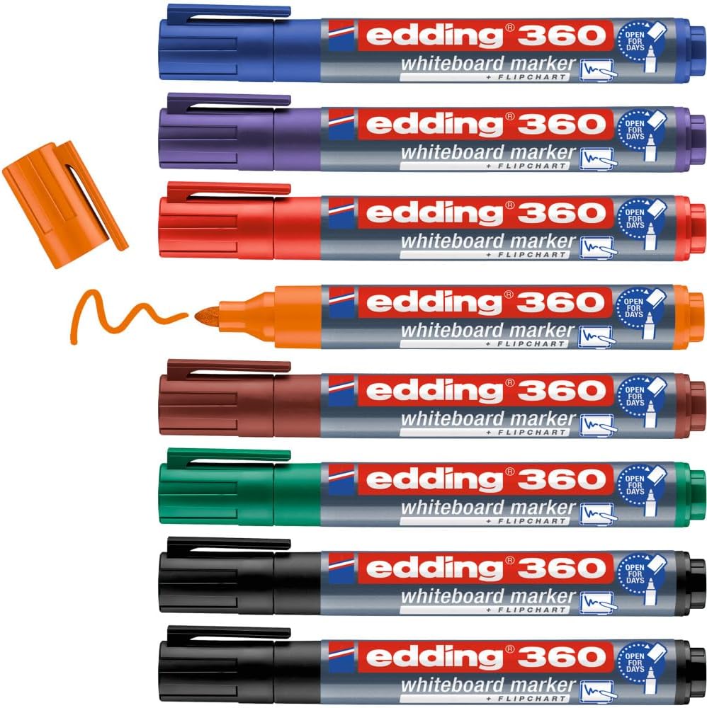 edding 360 whiteboard marker set - multi-coloured - 8 whiteboard pens - round tip 1.5-3 mm - whiteboard pen dry wipe - for whiteboards, flipcharts, magnetic, memo boards - sketchnotes - refillable