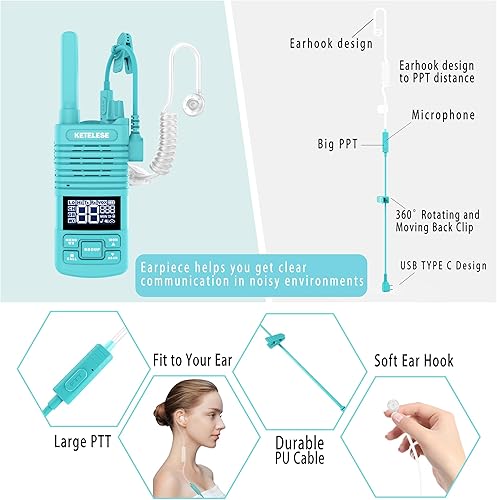 Miniatura 3 de KETELESE Walkie Talkies T1 de largo alcance con auricular de tubo acústico, radios bidireccionales FRS portátiles, USB C recargable walky talky para