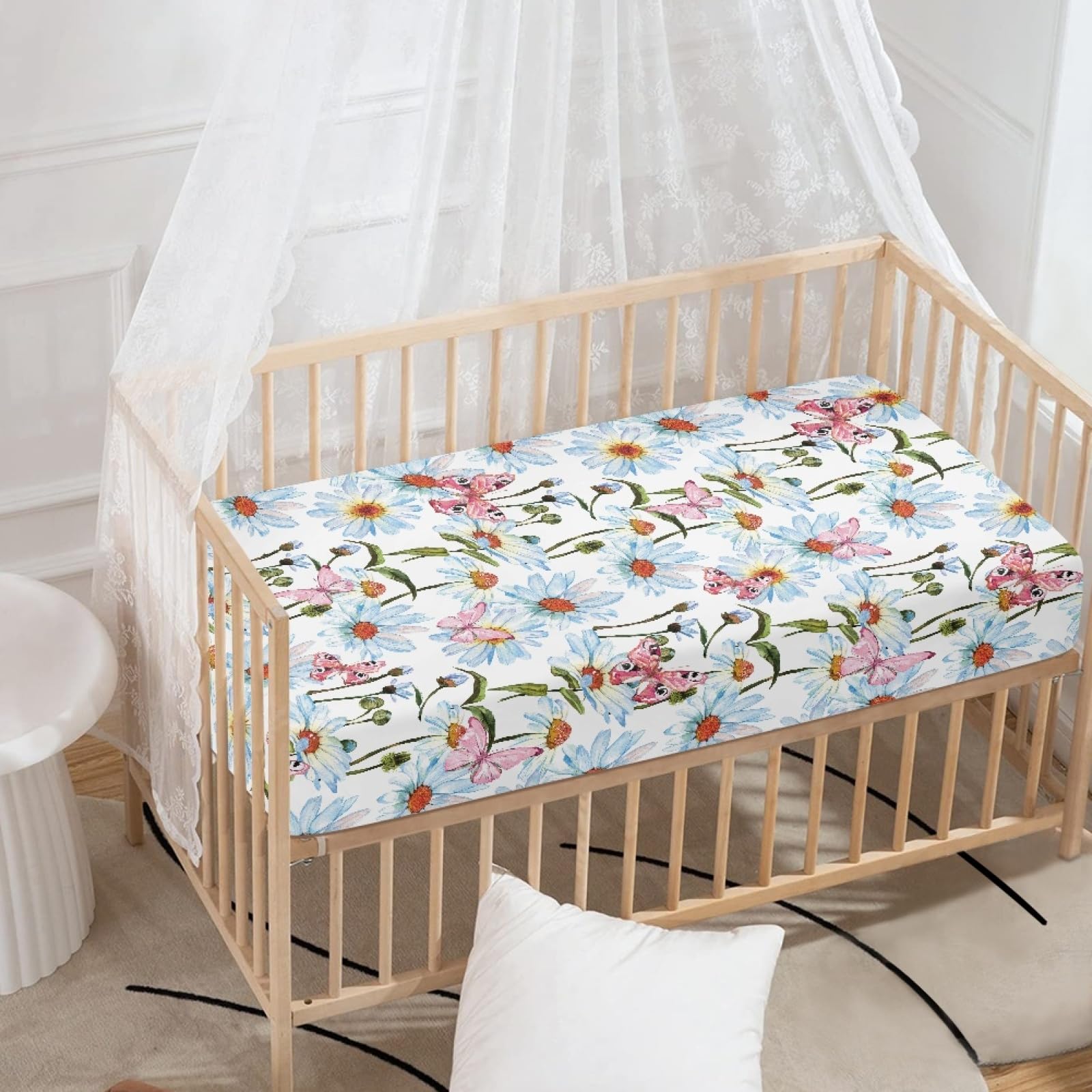 Odot Cot Bed Fitted Sheets 130x70cm, Daisy Pattern Cot Bed Sheet Fitted Sheets for Cribs Baby Bed Sheets Soft Bassinet Sheets Cot Bed Mattress Protector for Boy Girl (Pink Butterfly)