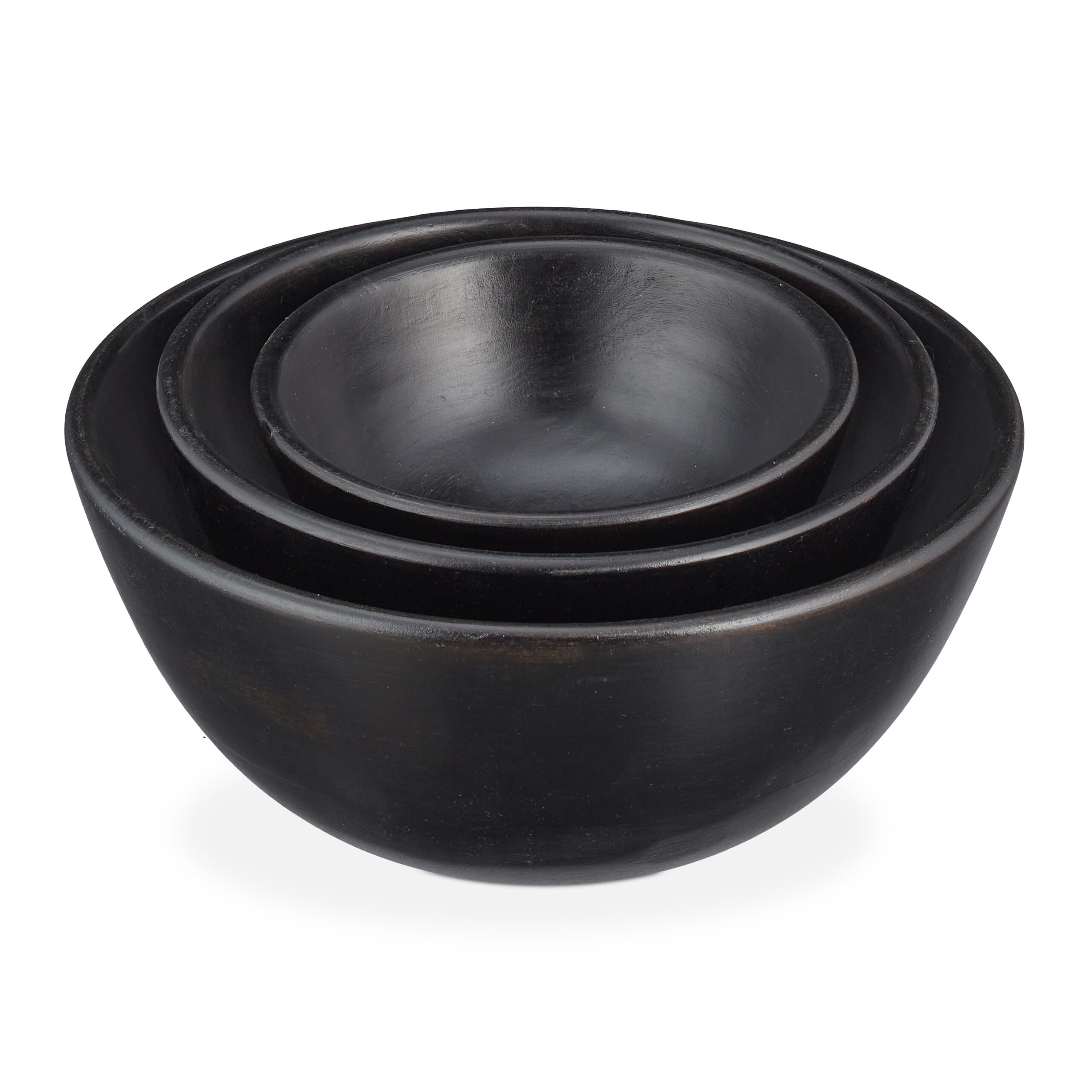 Relaxdays Juego de 3 Ensaladeras de Madera de Mango, Cuencos Redondos para Ensalada, Fruteros Ø 18, 23 y 29 cm, Negro