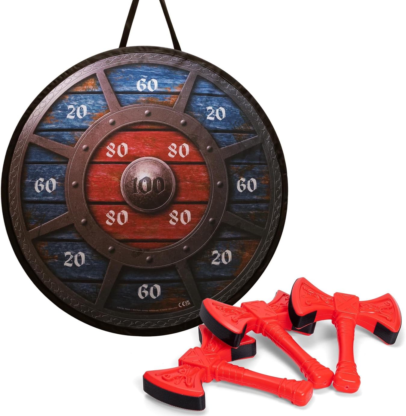 Simba Viking Dart Set with 3 Coloured Double Axes (15 cm) and Printed Fabric Target (Diameter 65 cm), Throwing Game for Children from 3 Years