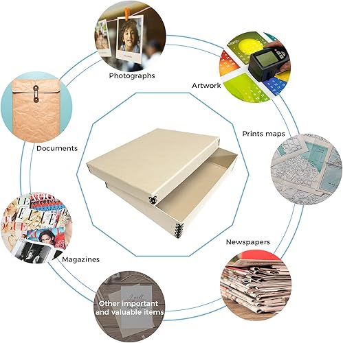 Vista 208 de Lineco, Caja de almacenamiento de archivos de museo de color tostado de 9 x 12 pulgadas, diseño frontal caído. Sin ácidos con borde de metal.