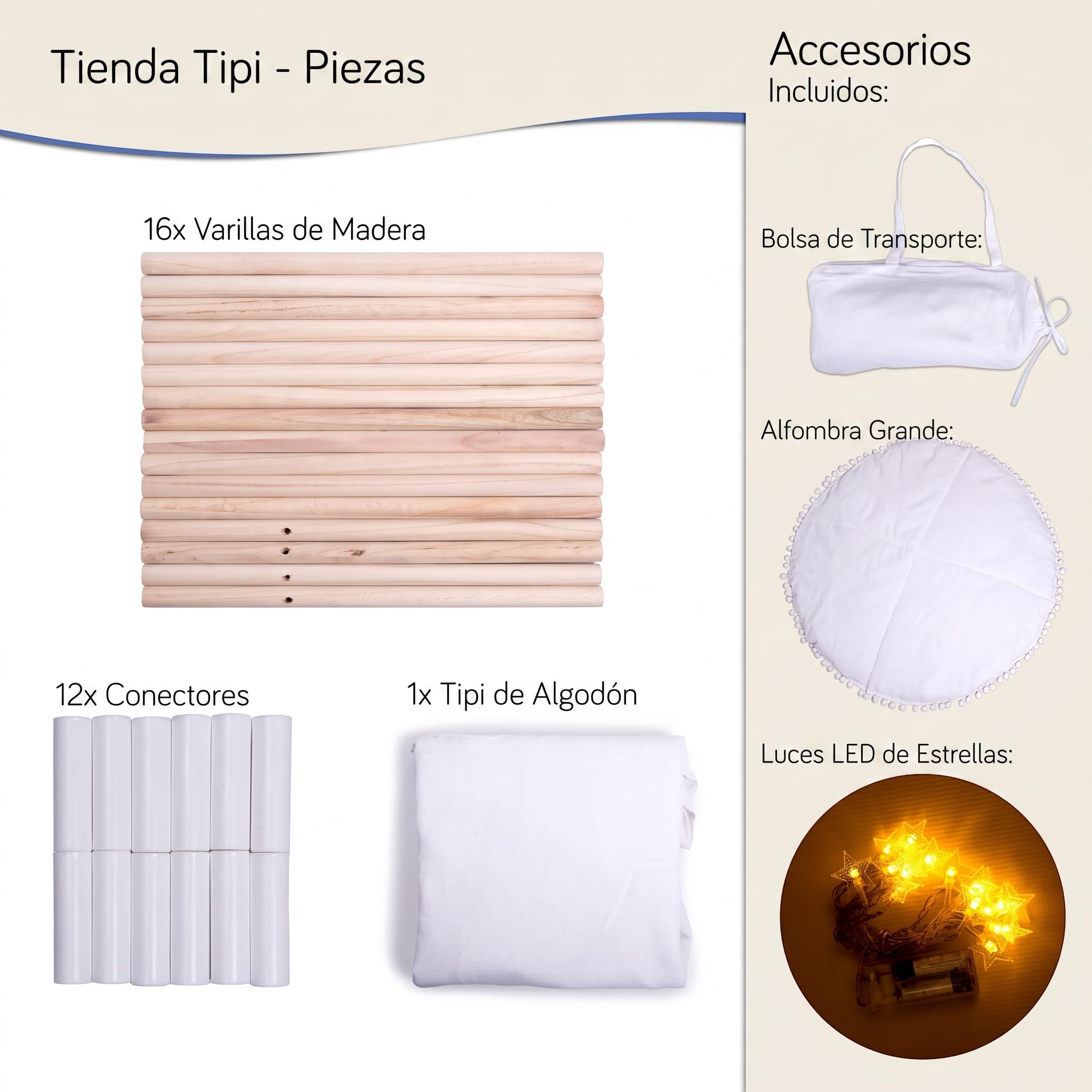 Tienda tipi para niños en blanco marfil | Tienda de juego/tienda inflable blanca para niñas y niños 140 x 120 cm en lona de algodón, con guirnalda de 3 metros de luces en forma de estrella y