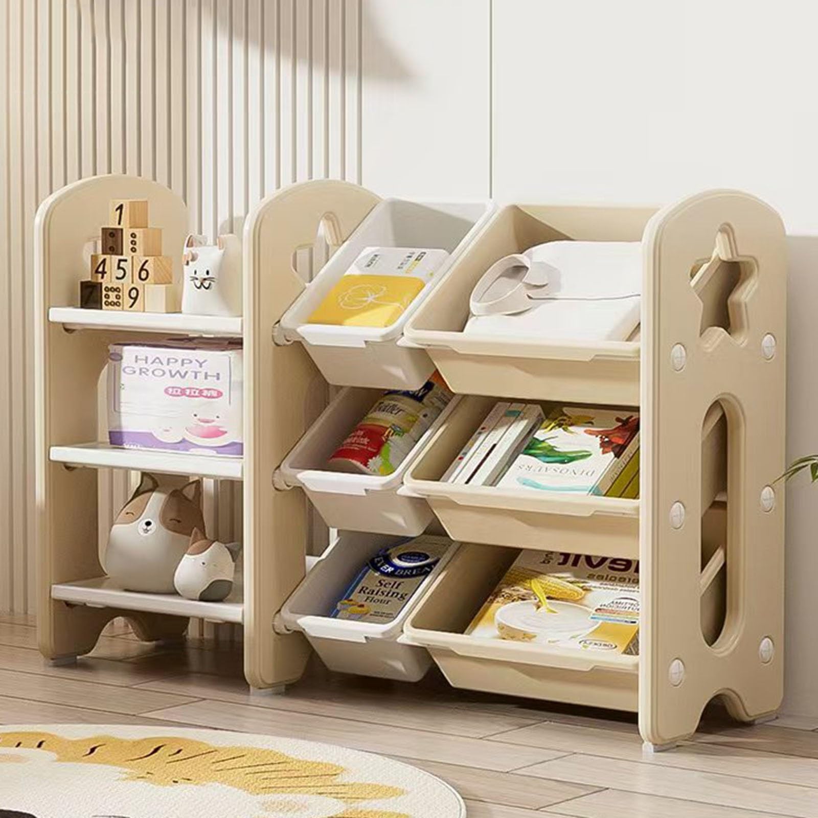 Contenitore per Giocattoli con Scaffale Soluzione D'arredo per la Stanza Dei Giochi con 3 Ripiani e 6 Contenitori per Giocattoli Mobile Contenitore per Bambini(Yellow)