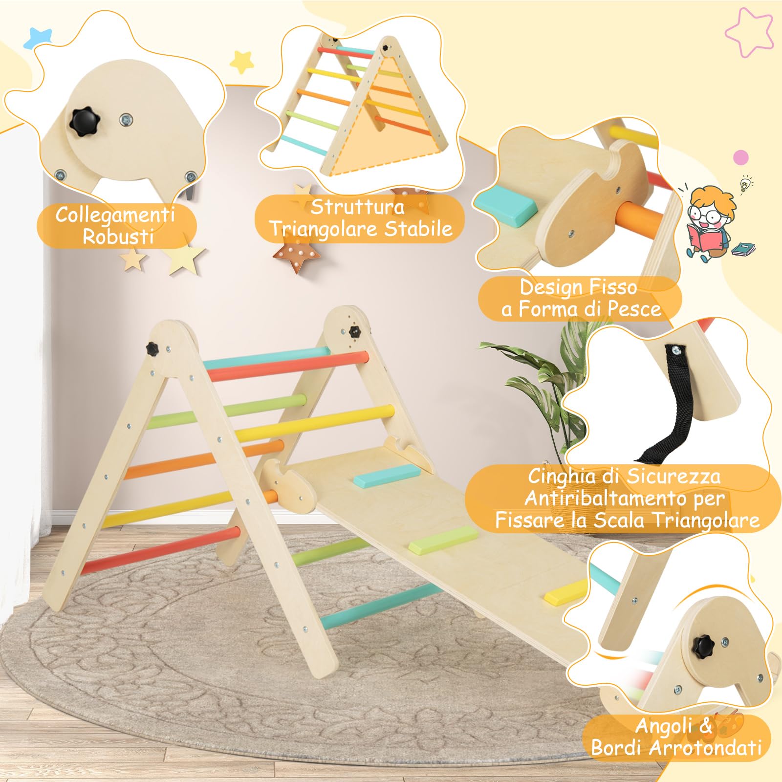 COSTWAY 3 in 1 Set da Arrampicata per Bambini, Giocattoli da Arrampicata Triangolari Pieghevoli, Altezza Regolabili, con Scivolo/Rampe da Arrampicata, Carico 60 kg (Colorato)