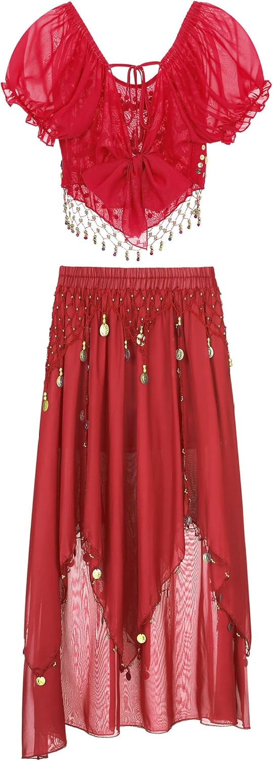 Women Indian Dance Costume Set Short Puff Sleeve Crop Top with Irregular Skirt Bollywood Dress Outfit