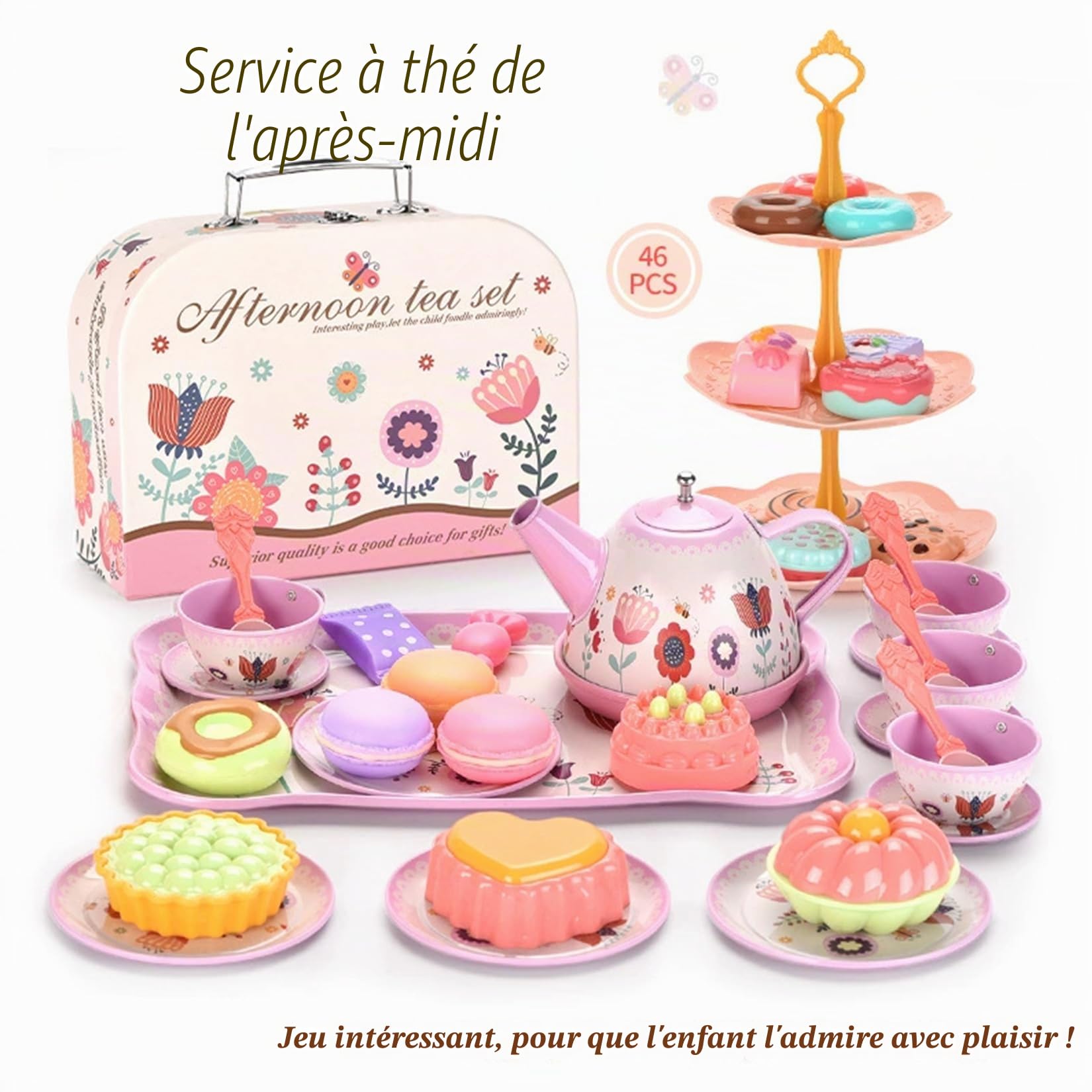 46 Pièces Service a The Enfant pour Enfants avec Accessoires De Cuisine Valise pour Desserts Tasses Assiettes Et Accessoires Service à Thé Complet pour Cadeau Jouets Filles 3 à 9 Ans