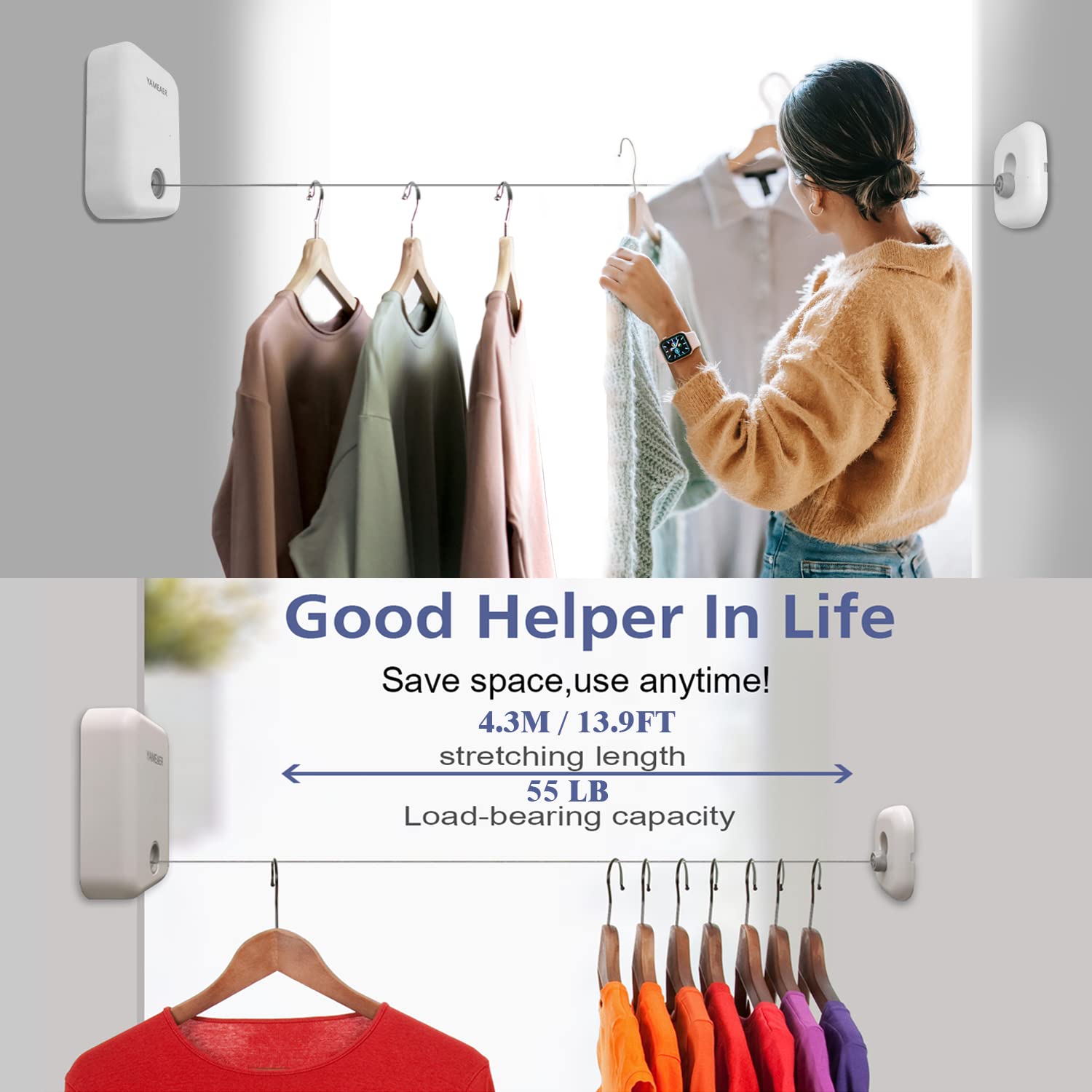 YAMEAER Retractable Clothesline Indoor, Heavy Duty Wall Mounted Clothes